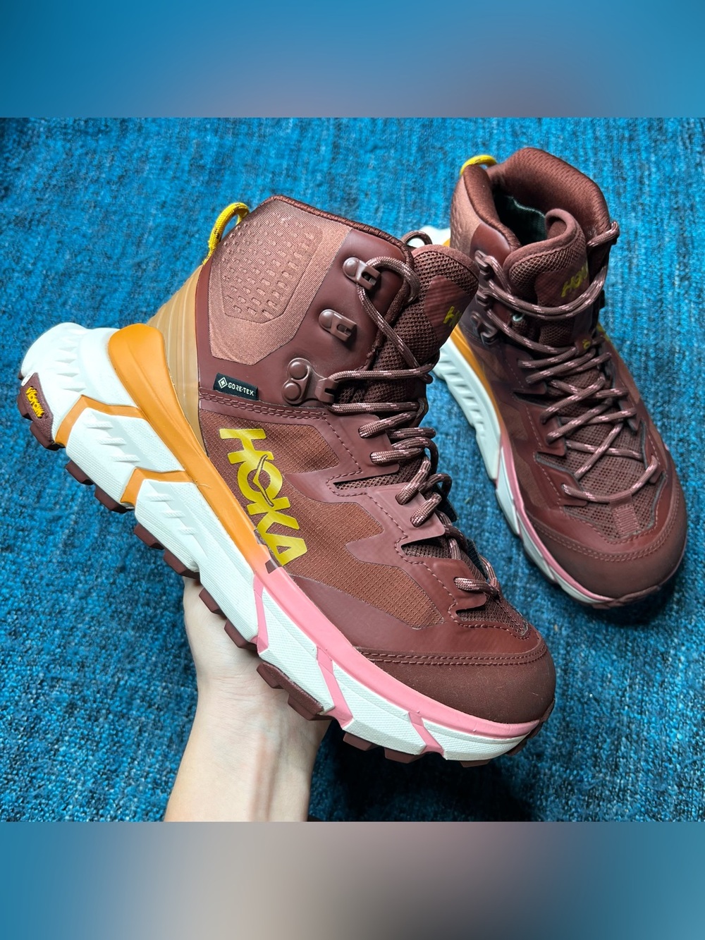 Hoka Tennine Hike GTX Waterproof Boots Cherry Mahogany Strawberry Ice Womens 6.5